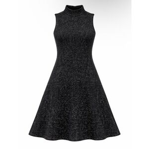 Beige by ECI Black Metallic Sleeveless Mock Neck A-Line Midi Dress Size M